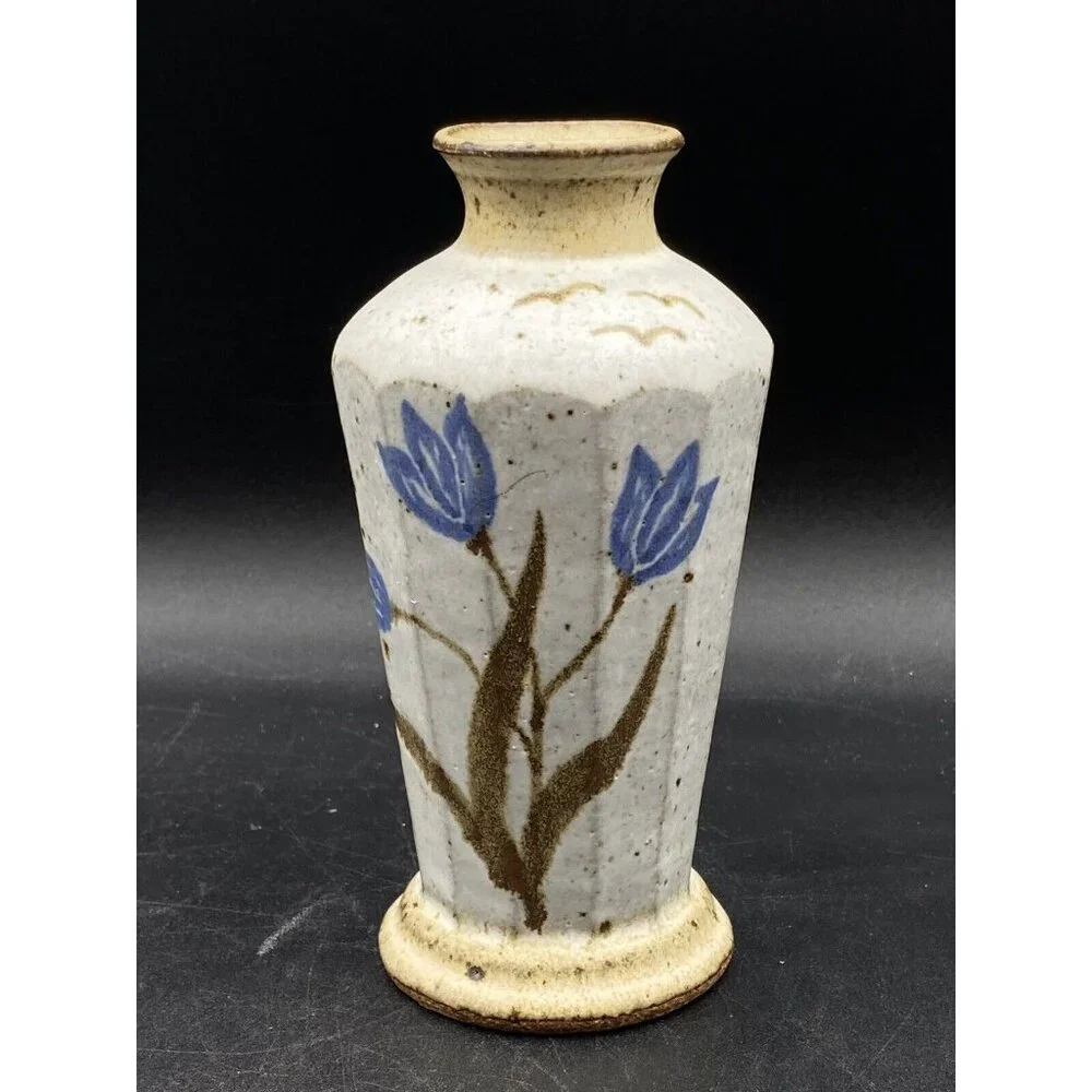 Stoneware Vase Flowers Sand and Browns Color Signed Crown 6.5”